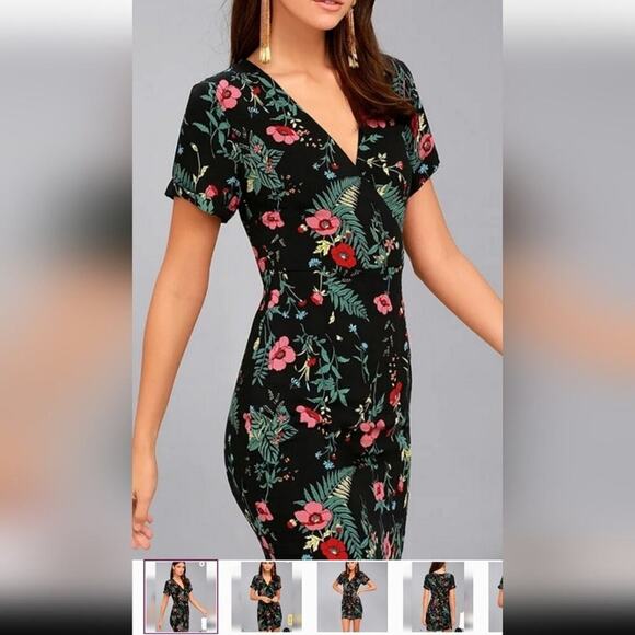 Lulu's Night in the Jungle Dark Floral Body Hugging V-Neck Mini Dress S - Picture 9 of 10